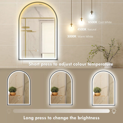 24" x 36" LED Bathroom Mirror, Arched Tempered Glass, Anti-Fog, Dimmable, Black