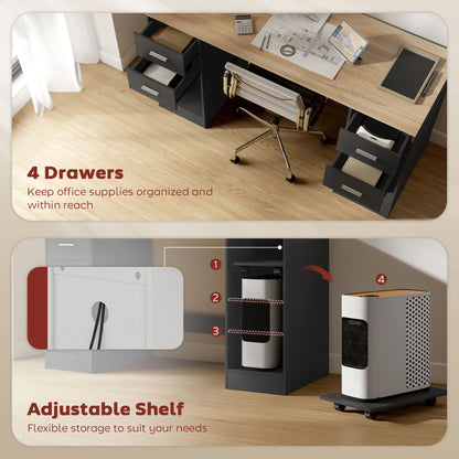 55 Inch Office Desk, Black Wood Grain, 4 Reversible Drawers, Mobile PC Stand, Black Computer Desks at Gallery Canada