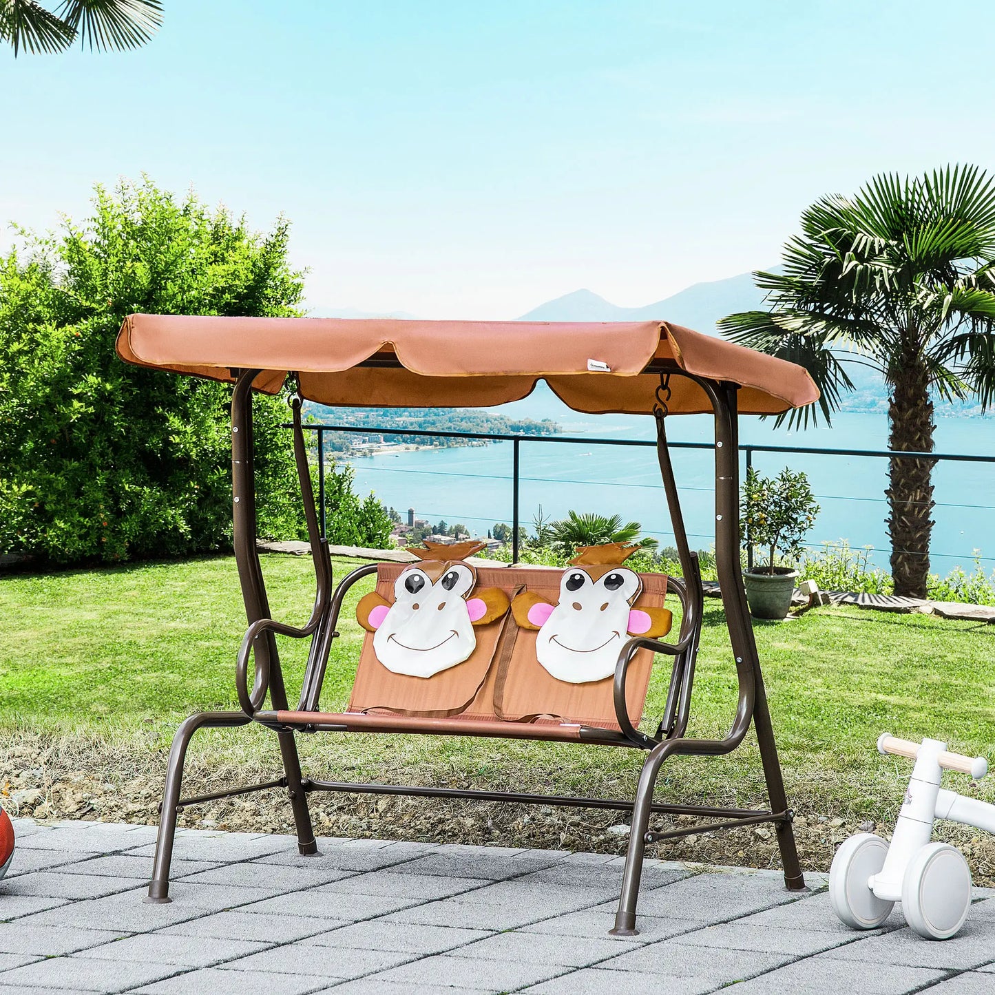 2-Seat Kids Porch Swing, Adjustable Canopy, Seat Belt, Monkey Pattern, 3-6 Years, Coffee Gym Sets & Swings at Gallery Canada