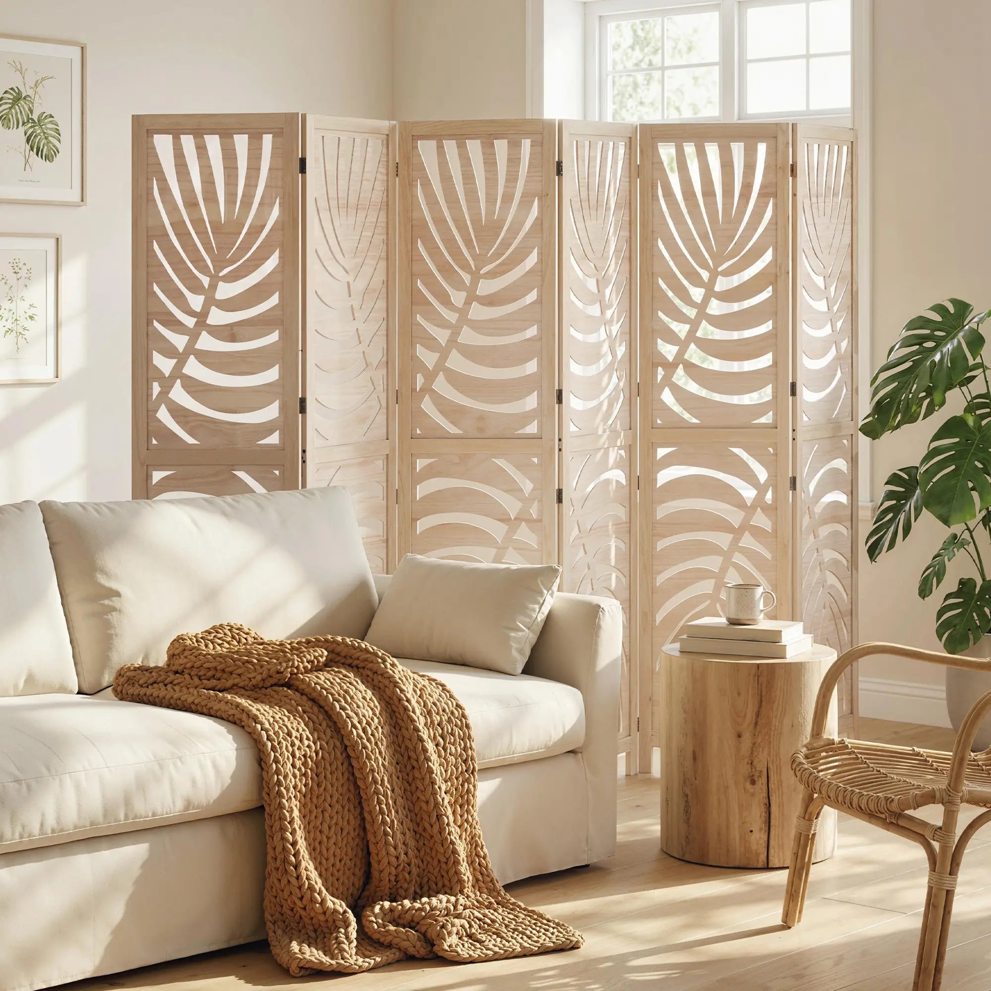 6 Panel Room Divider, Detachable Folding Privacy Screen, Palm Leaf Design, Natural Wood Room Dividers at Gallery Canada