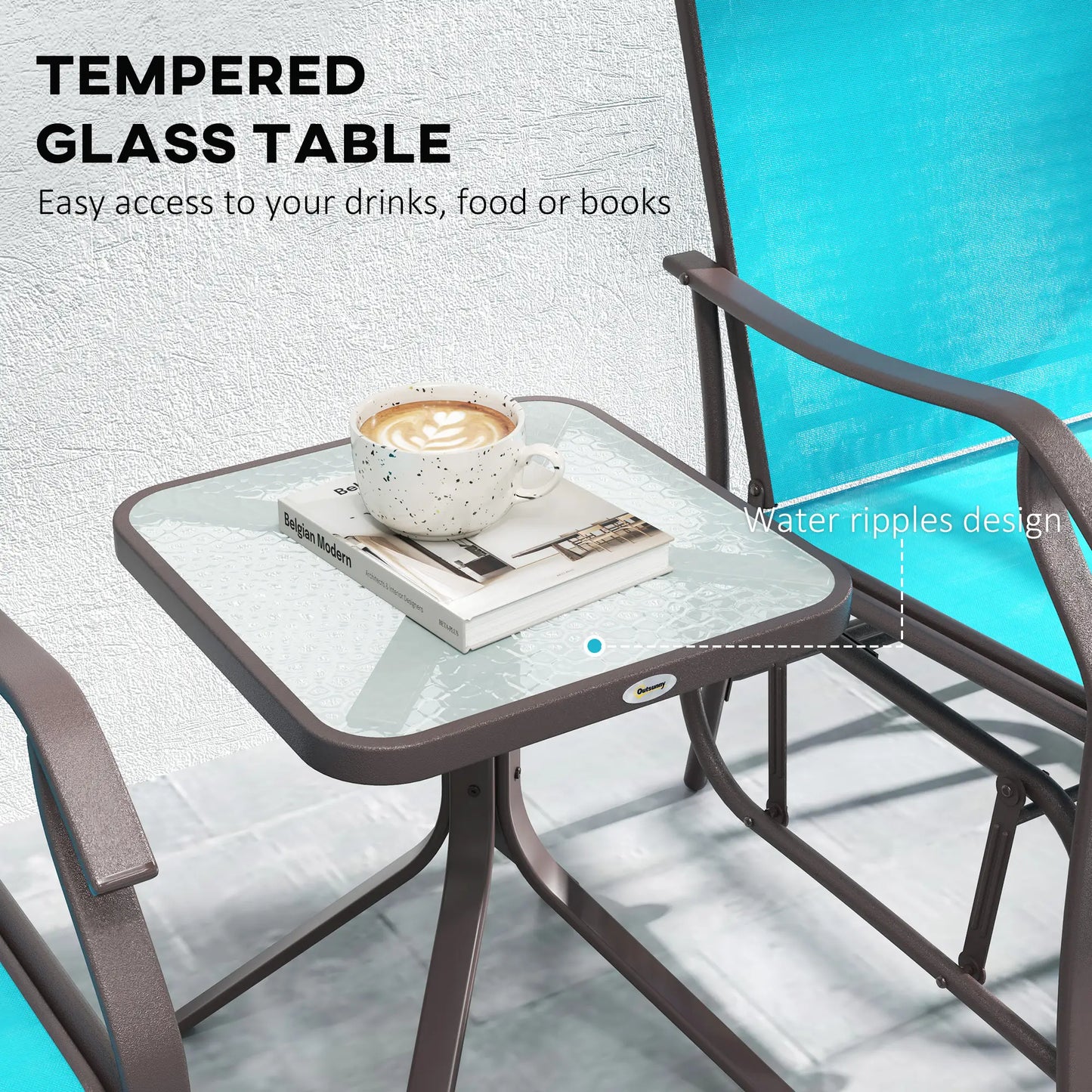 3 Piece Patio Glider Set, Breathable Mesh Seat, Glass Top Table, Blue Outdoor Gliders at Gallery Canada