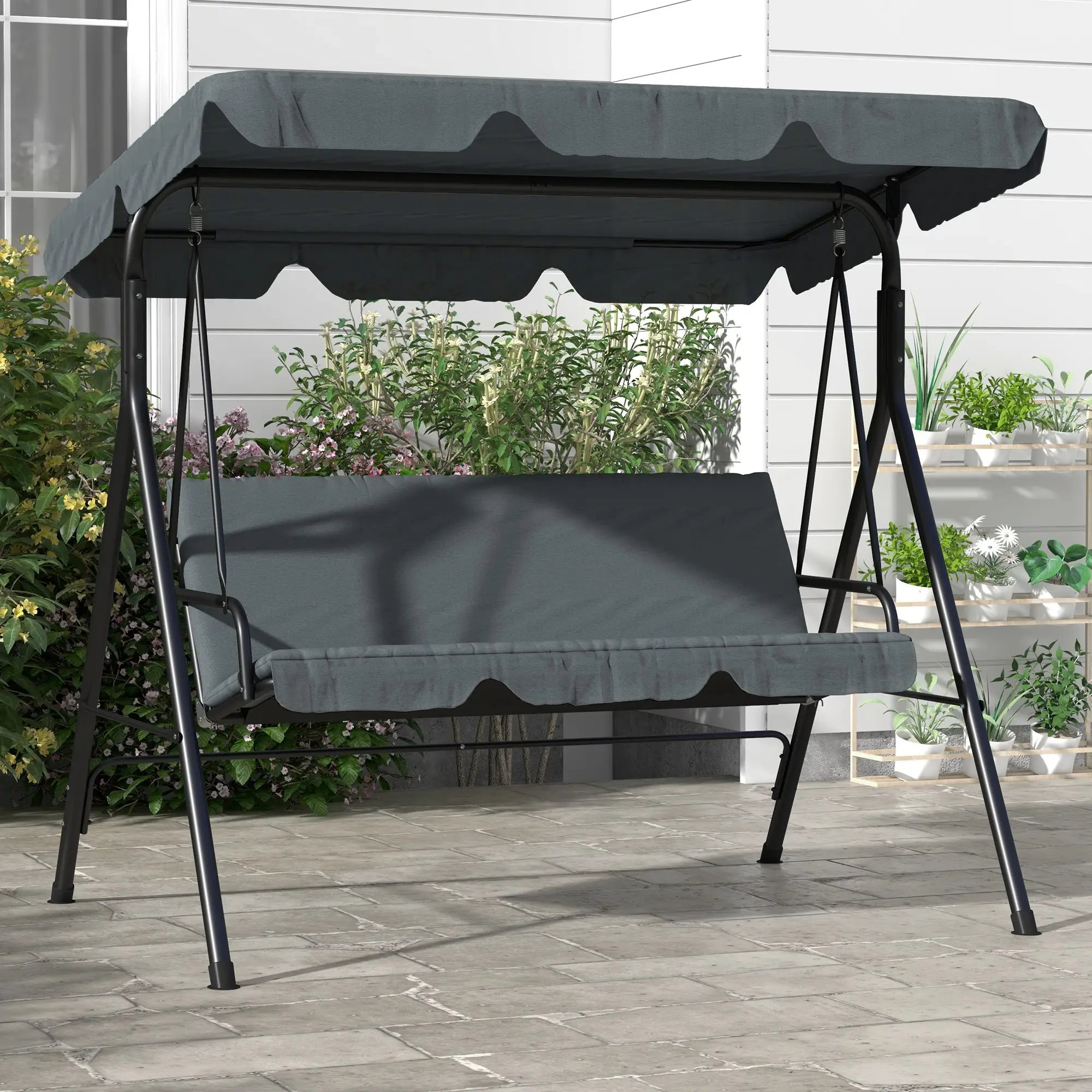 3-Seater Outdoor Porch Swing, Adjustable Canopy, Grey Porch Swings with Canopy at Gallery Canada