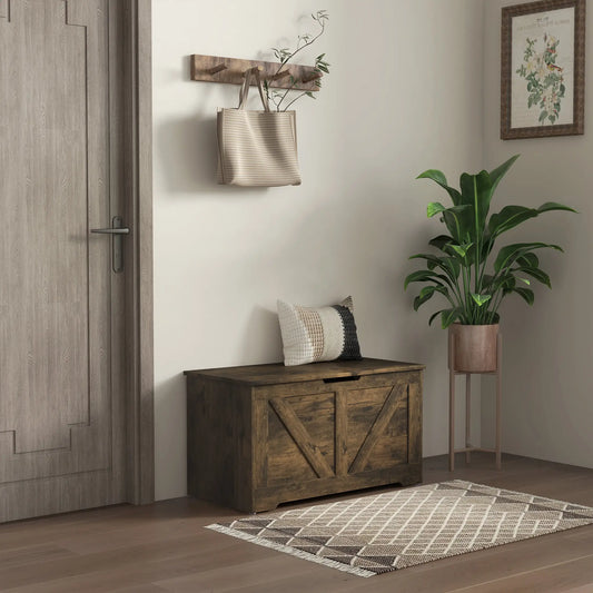 Coffre de rangement en bois de 31,5 pouces, 2 charnières de sécurité, grain de bois brun
