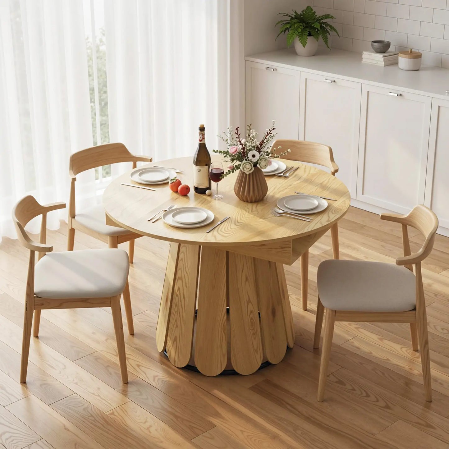Extendable Round To Oval Dining Table With Storage Shelf, Natural Dining Tables at Gallery Canada