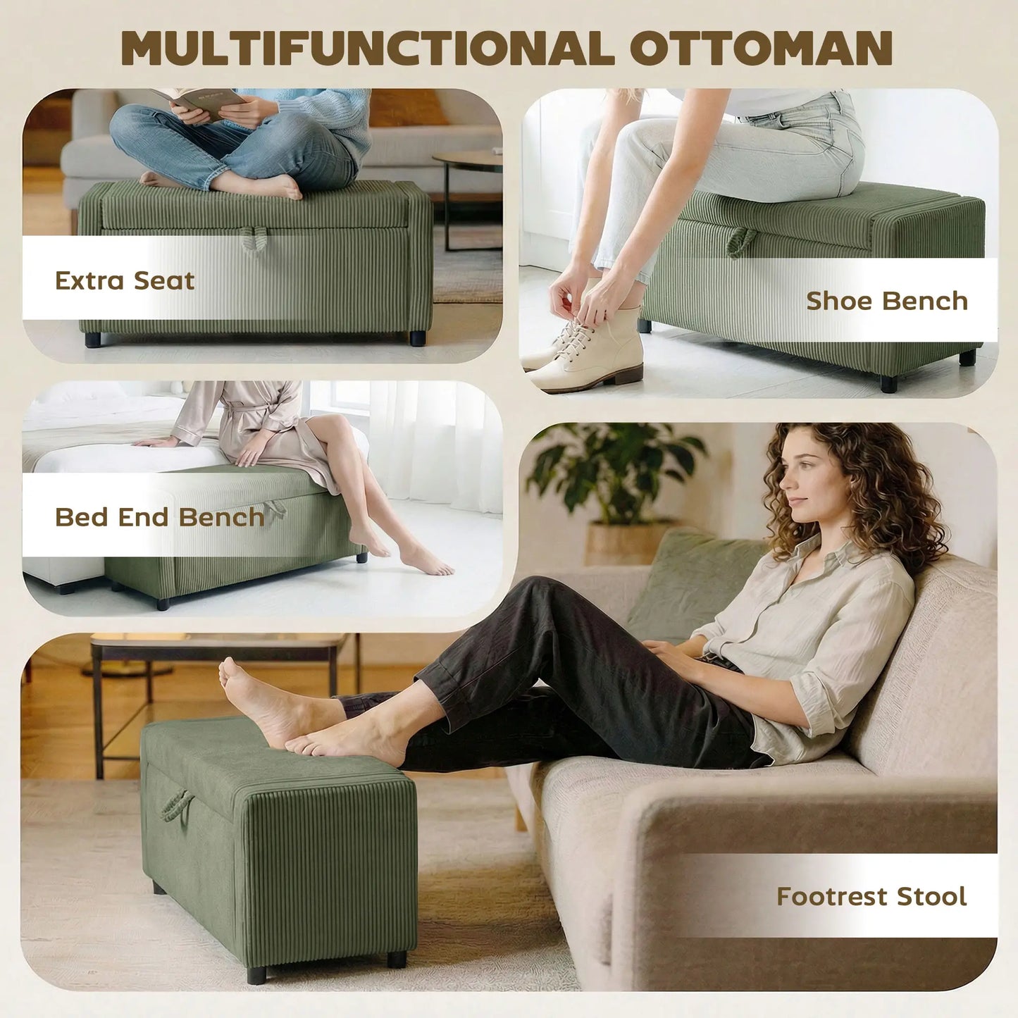 Storage Ottoman, Upholstered Corduroy Bench, Dark Green Storage Ottomans & Benches at Gallery Canada