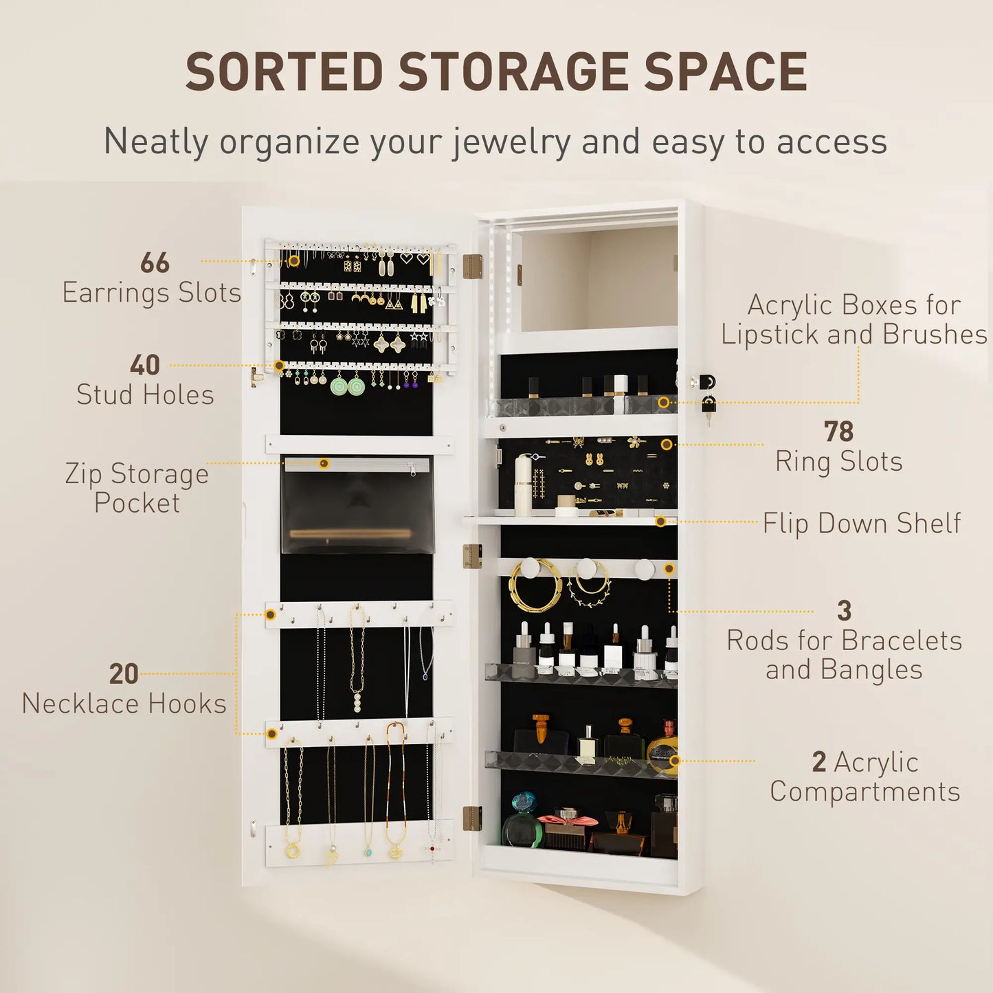 LED Lighted Jewelry Armoire with Mirror, Lockable Door, White Jewelry Armoire & Jewellery Mirror Cabinets at Gallery Canada