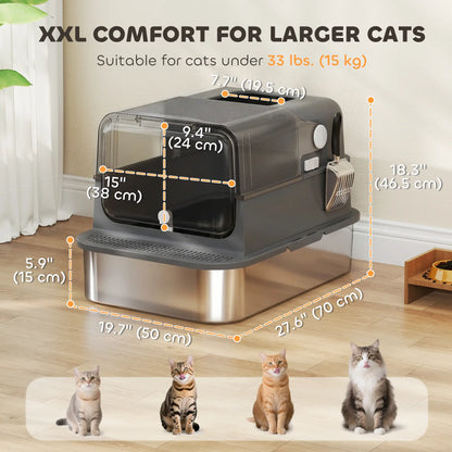 Bac à litière pour chat en acier inoxydable XXL, fermé, côtés hauts, noir