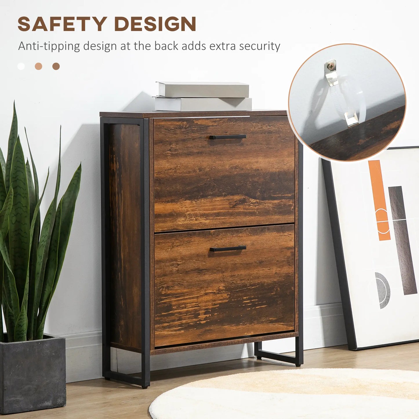 Shoe Cabinet, 2 Flip Doors, 2 Drawers, Divider, Holds 12 Pairs, Rustic Brown Shoe Storage Cabinets & Racks at Gallery Canada