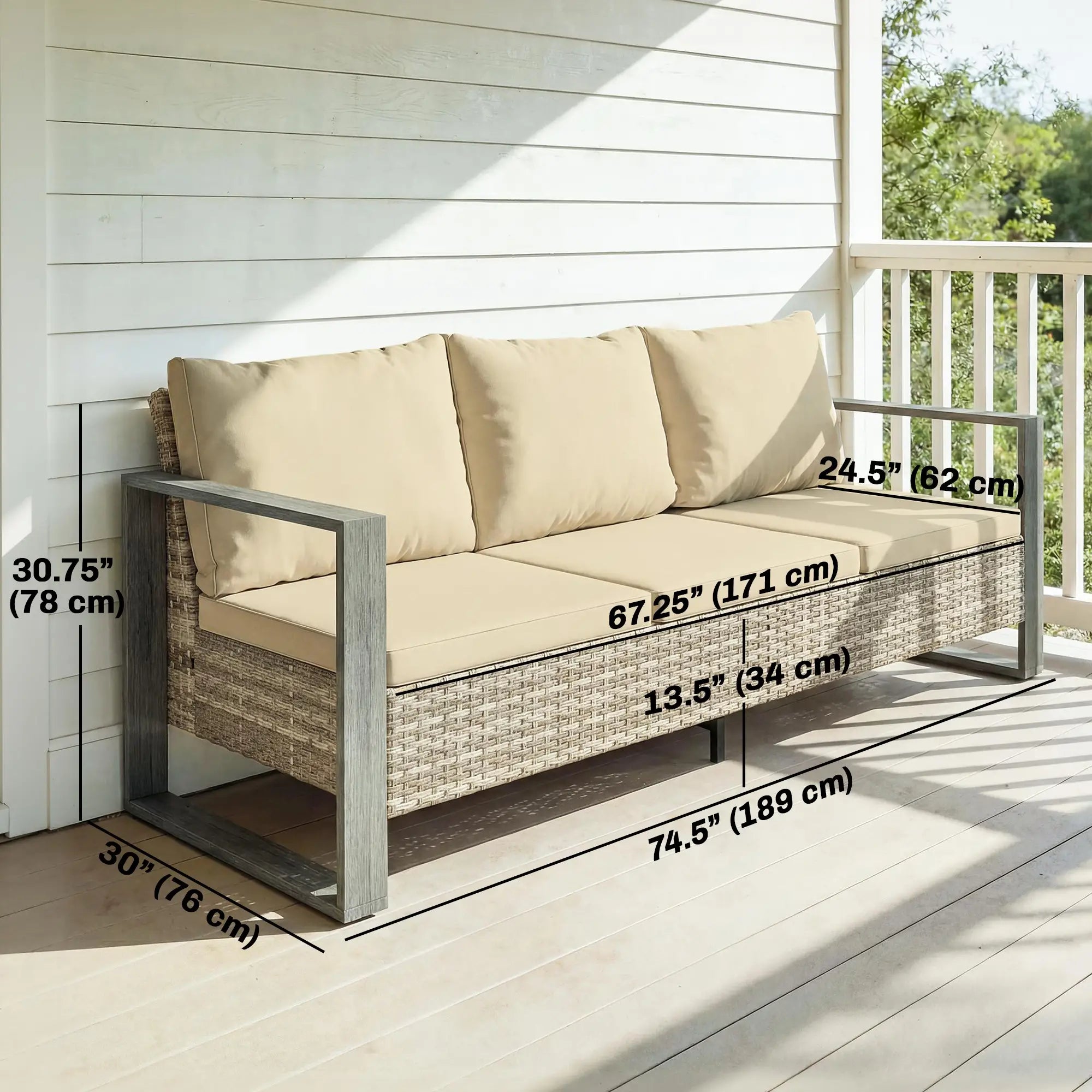 3-Seater Outdoor Couch, PE Wicker Patio Sofa, Khaki Patio Furniture Sets at Gallery Canada