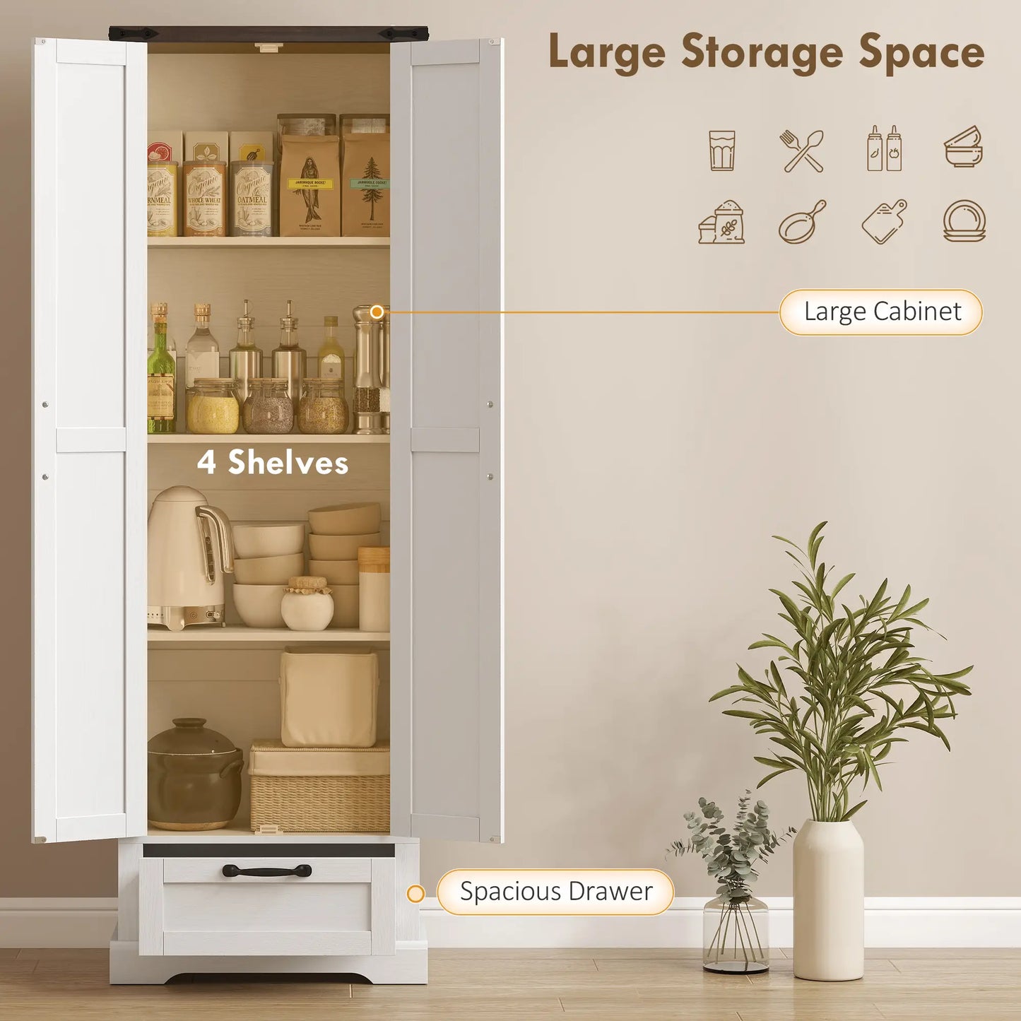 71" Pantry Cabinet, Adjustable Shelves, 2 Doors, Drawer, White
