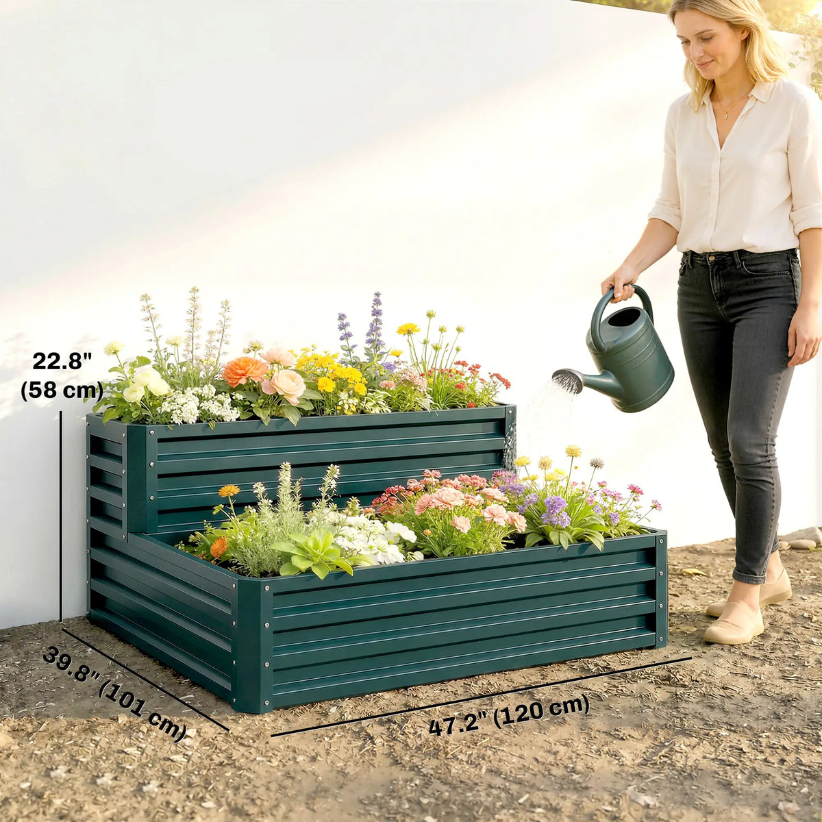 Jardin surélevé galvanisé à 2 niveaux, bac à plantes en acier, 47" x 40" x 23", vert