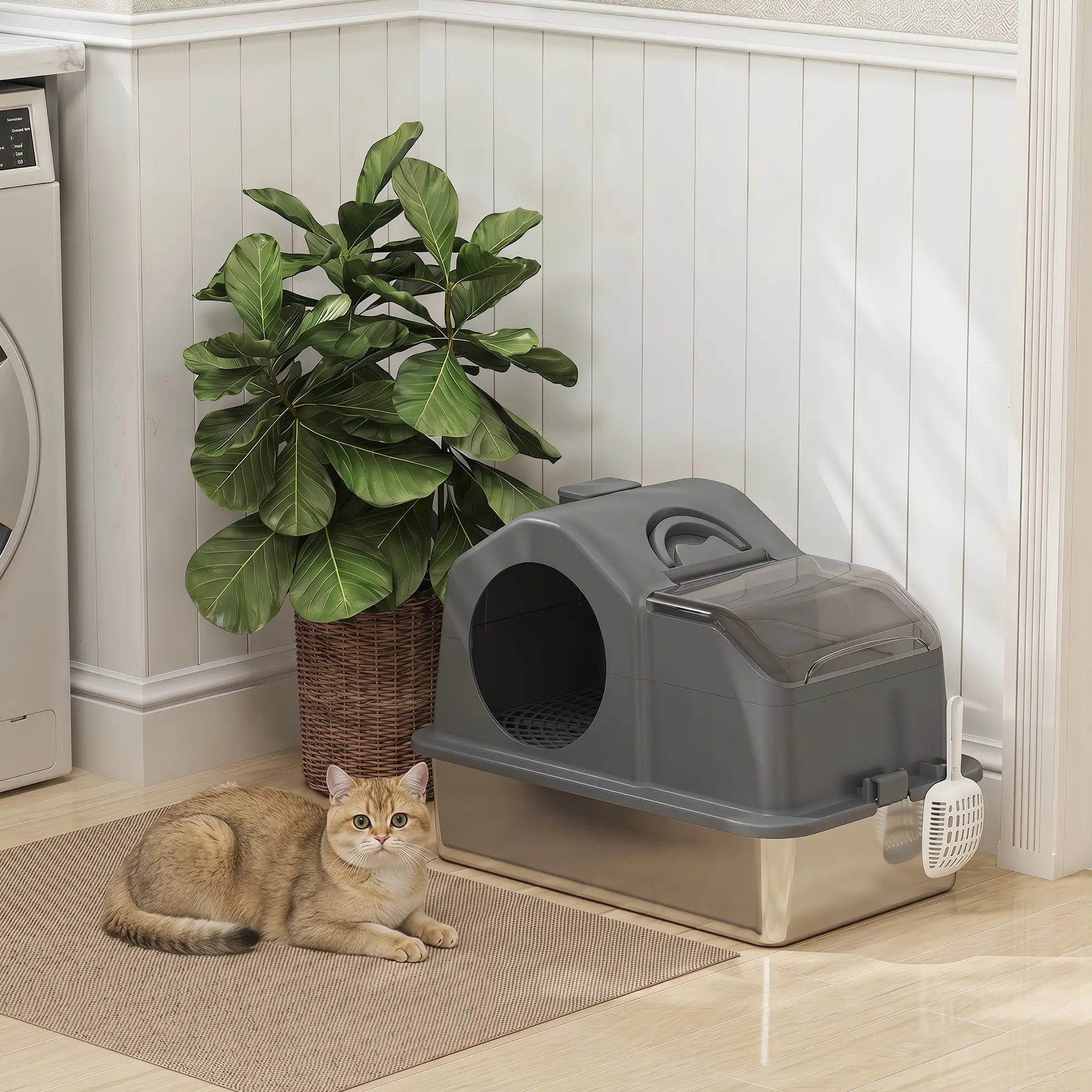 Extra Large Stainless Steel Cat Litter Box, High Sided, Dark Grey Cat Litter Box Enclosures at Gallery Canada