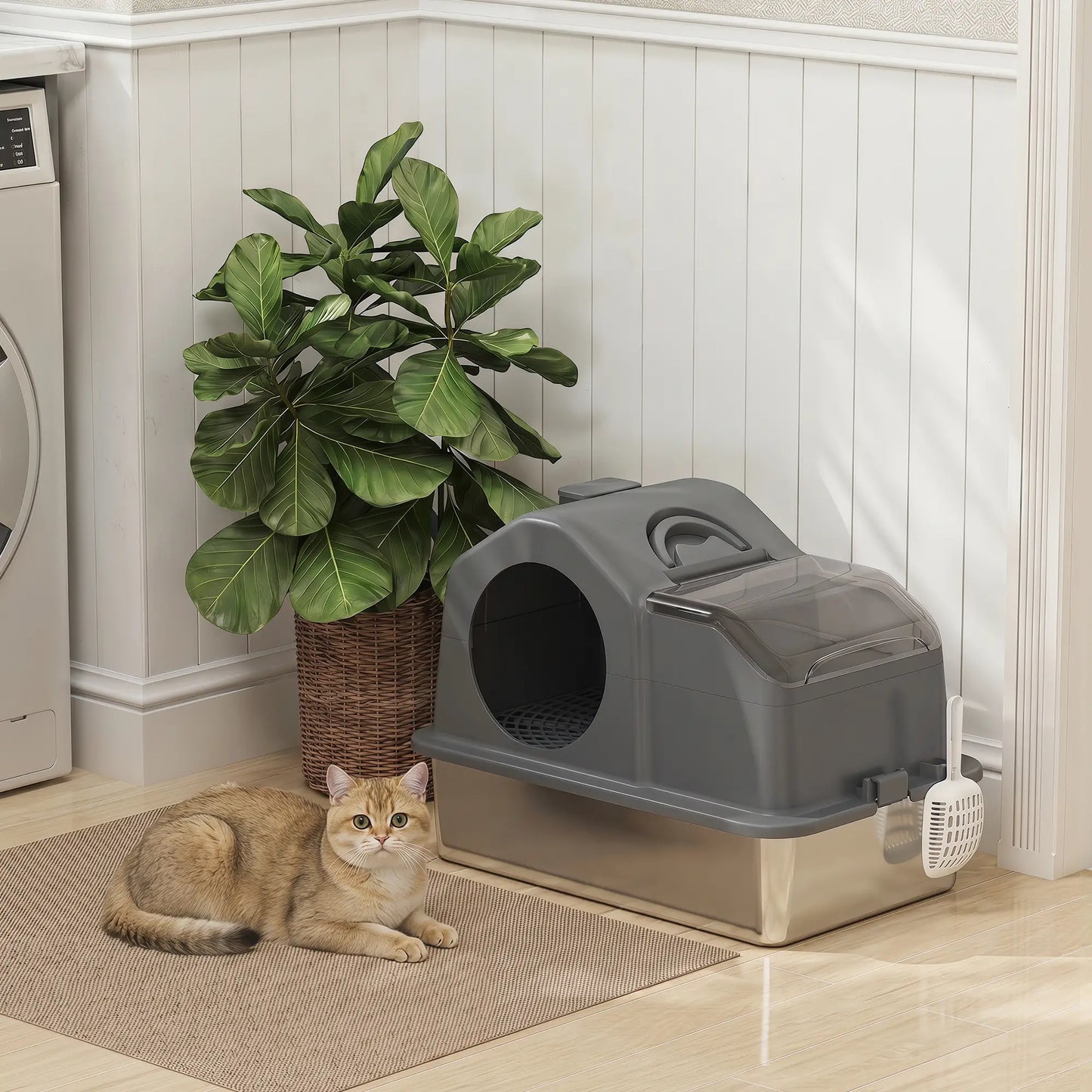 Extra Large Stainless Steel Cat Litter Box, High Sided, Dark Grey Cat Litter Box Enclosures at Gallery Canada