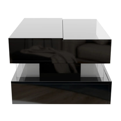 Glass Top LED Coffee Table, Storage Drawer, Adjustable Height, 26" L x 21.5" W x 21.5" H, Black Coffee Tables at Gallery Canada