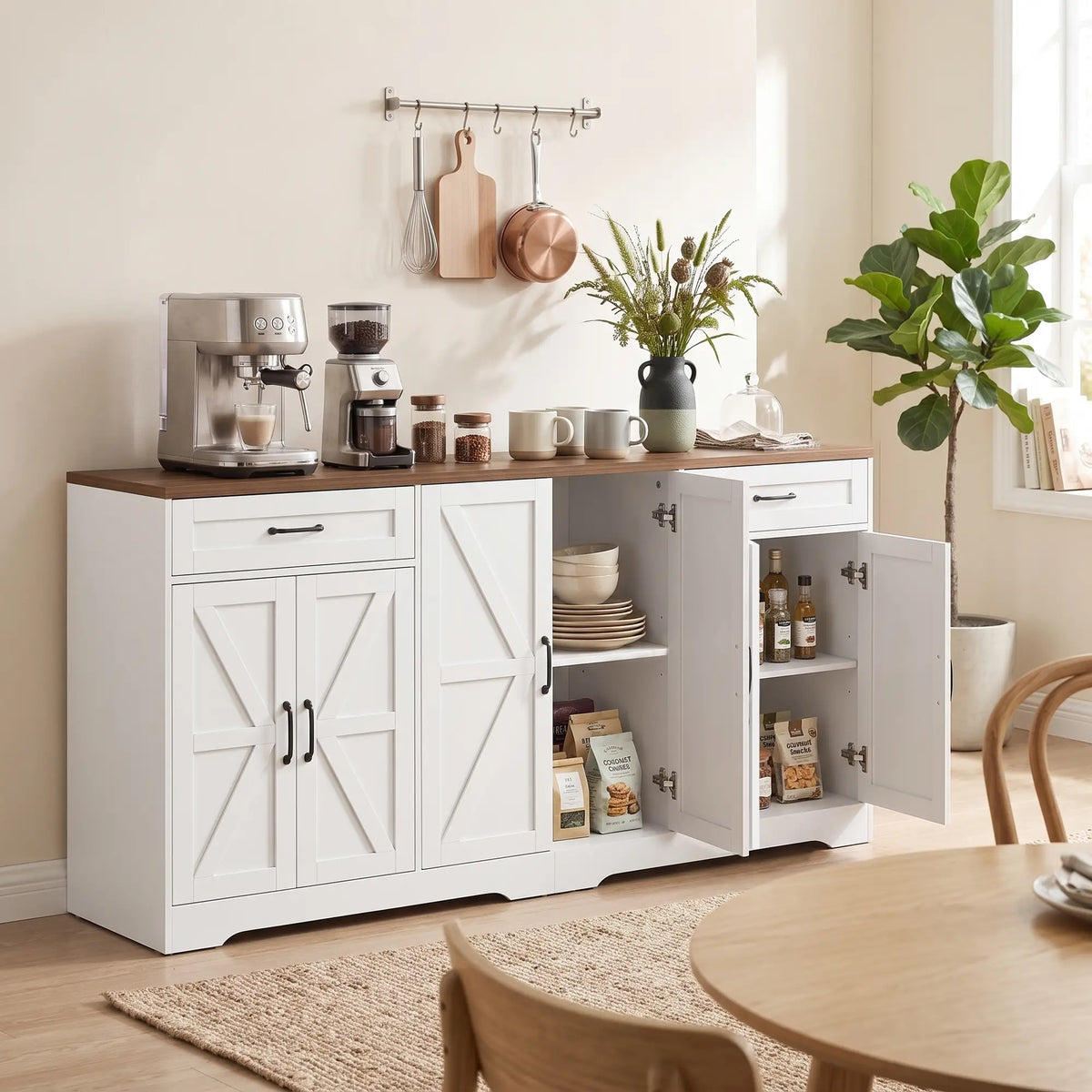 71" Sideboard Buffet Cabinet, Coffee Bar, 2 Drawers, 6 Barn Doors, White