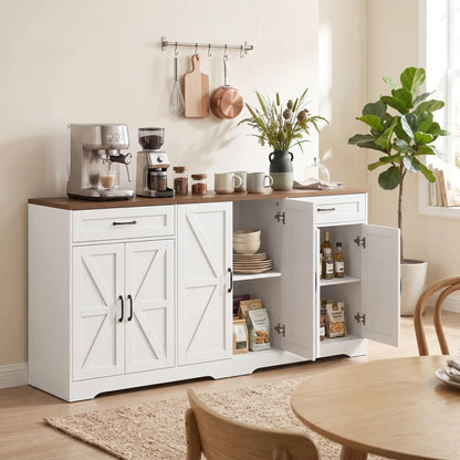 71" Sideboard Buffet Cabinet, Coffee Bar, 2 Drawers, 6 Barn Doors, White
