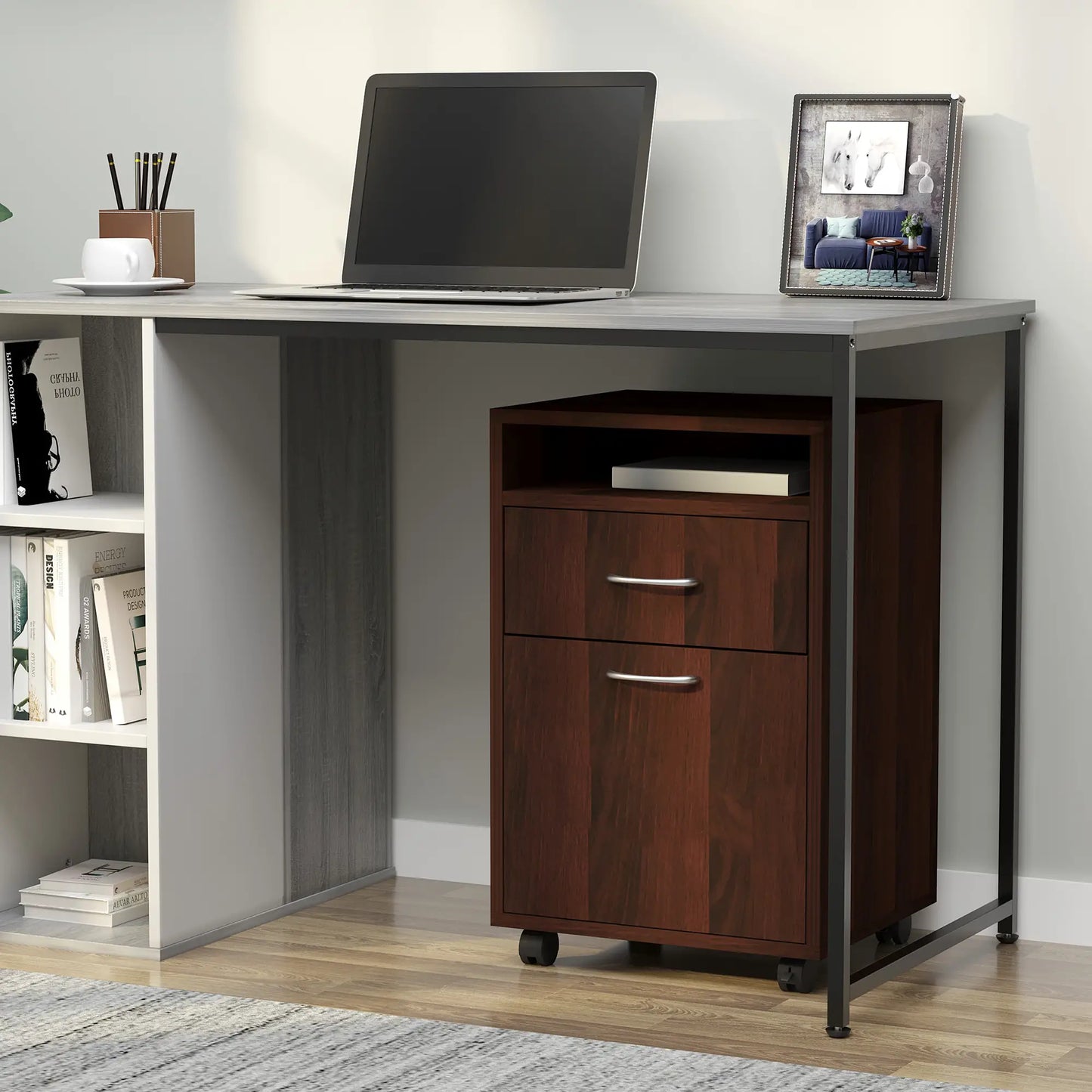 24" Small Filing Cabinet, Open Compartment, Drawer, Wheels, Espresso Office Cabinets & Cupboards at Gallery Canada