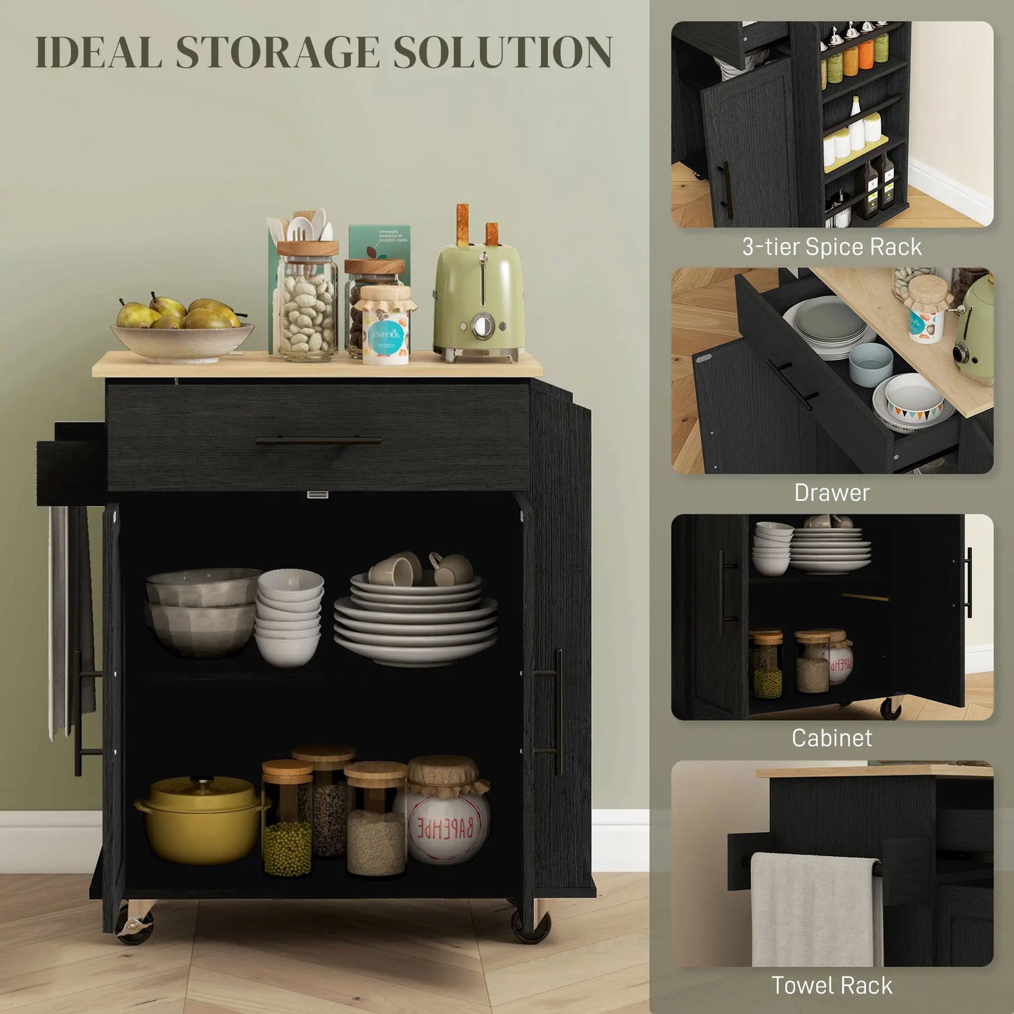 Rolling Island with Wheels for Kitchen, Kitchen Island on Rollers with Power Outlets, Drawer and Doors Kitchen Islands & Kitchen Carts at Gallery Canada
