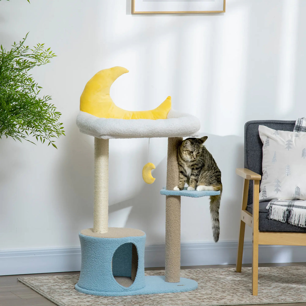 Moon Cat Tower, Teddy Fleece House Bed, Scratching Post, Hanging Toy, Star Platform 41", Blue Cat Towers at Gallery Canada