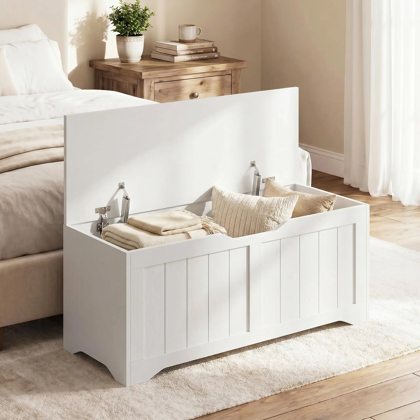 Storage Bench with Lift Top Storage Chest with Safety Hinges for Entryway, Living Room, White