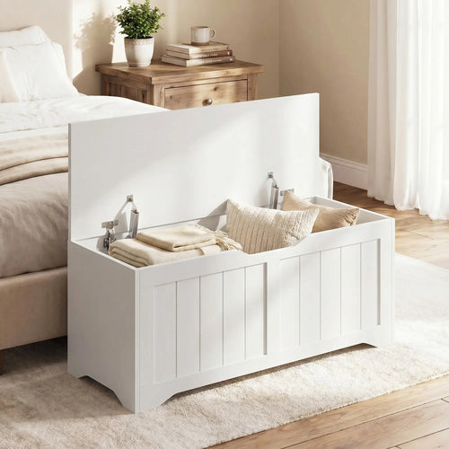 Storage Bench with Lift Top Storage Chest with Safety Hinges for Entryway, Living Room, White