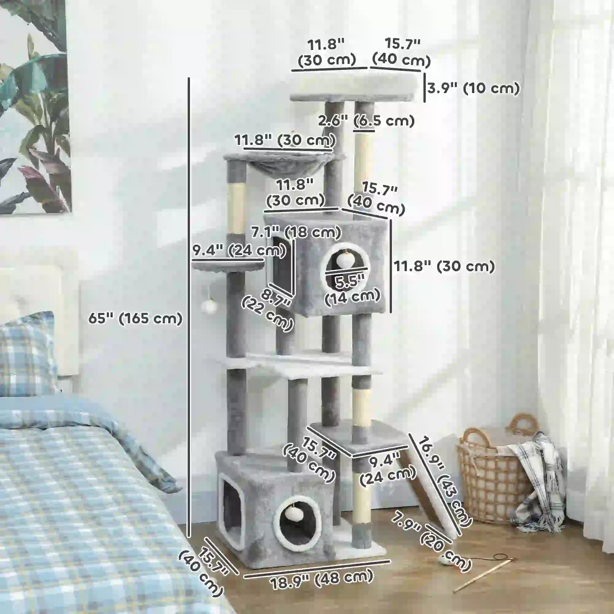 65 Inch Cat Tree, 2 Doors Condos, Plush Perch, Hammock, Grey Cat Towers at Gallery Canada