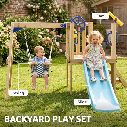 Wooden Kids Swing Set With Slide, Swing Seat, Captain's Wheel, Telescope, Natural Gym Sets & Swings at Gallery Canada