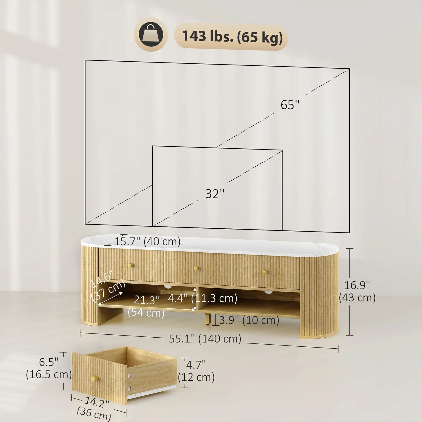Modern TV Stand, Marble-Effect Top, 3 Drawers, 2 Shelves, 32-65 Inch, Natural TV Stands at Gallery Canada