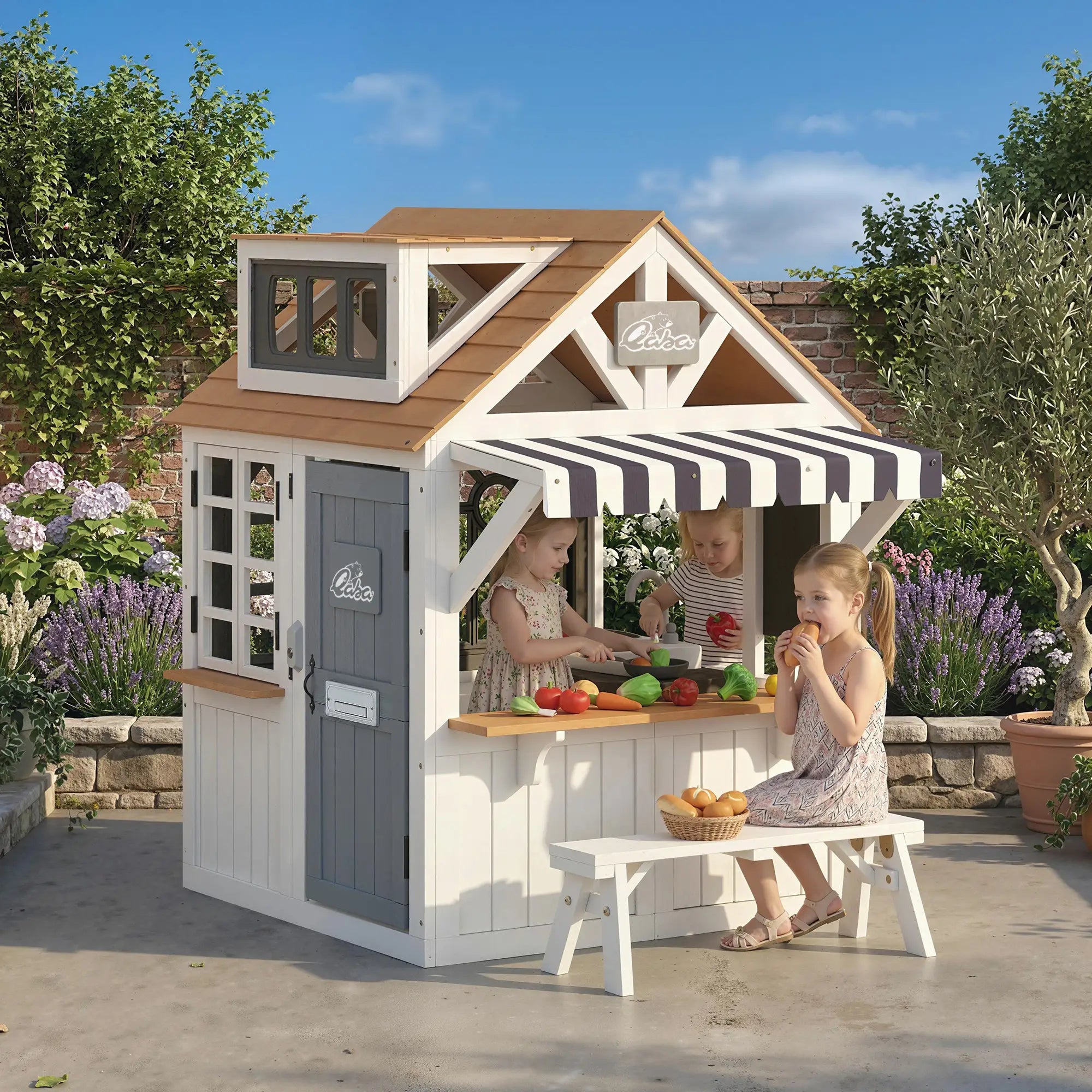 Wooden Kids Playhouse With Dog Door, Cookware, Blackboard, Bench, Doorbell Play Houses at Gallery Canada