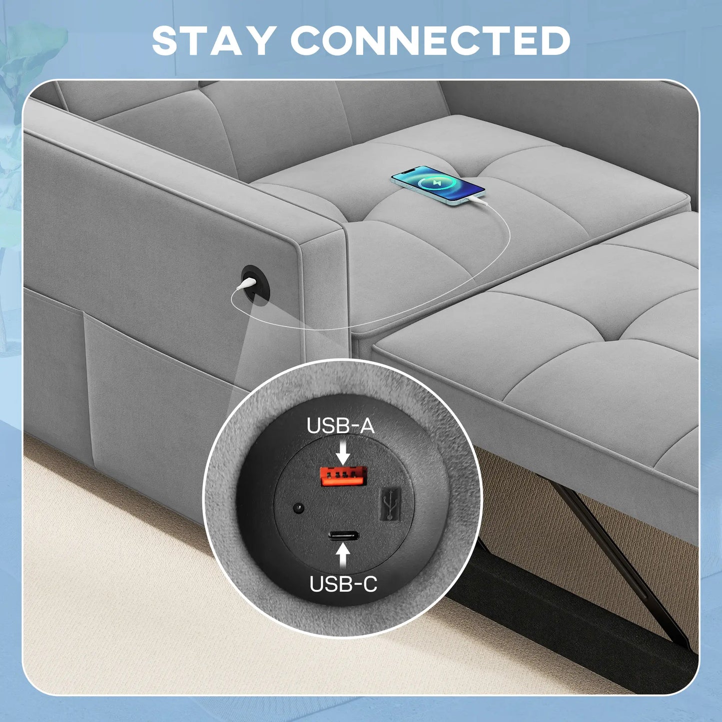 Convertible Chair Bed, Pull Out Sleeper with USB, Adjustable Backrest, Velvet Futon, Grey Single Sofas at Gallery Canada