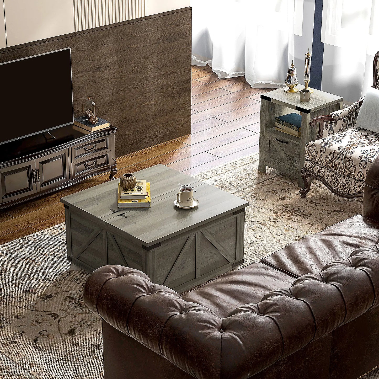 Farmhouse Coffee Table, Square Flip-Top Lid, Hidden Storage, Distressed, Grey Coffee Tables at Gallery Canada
