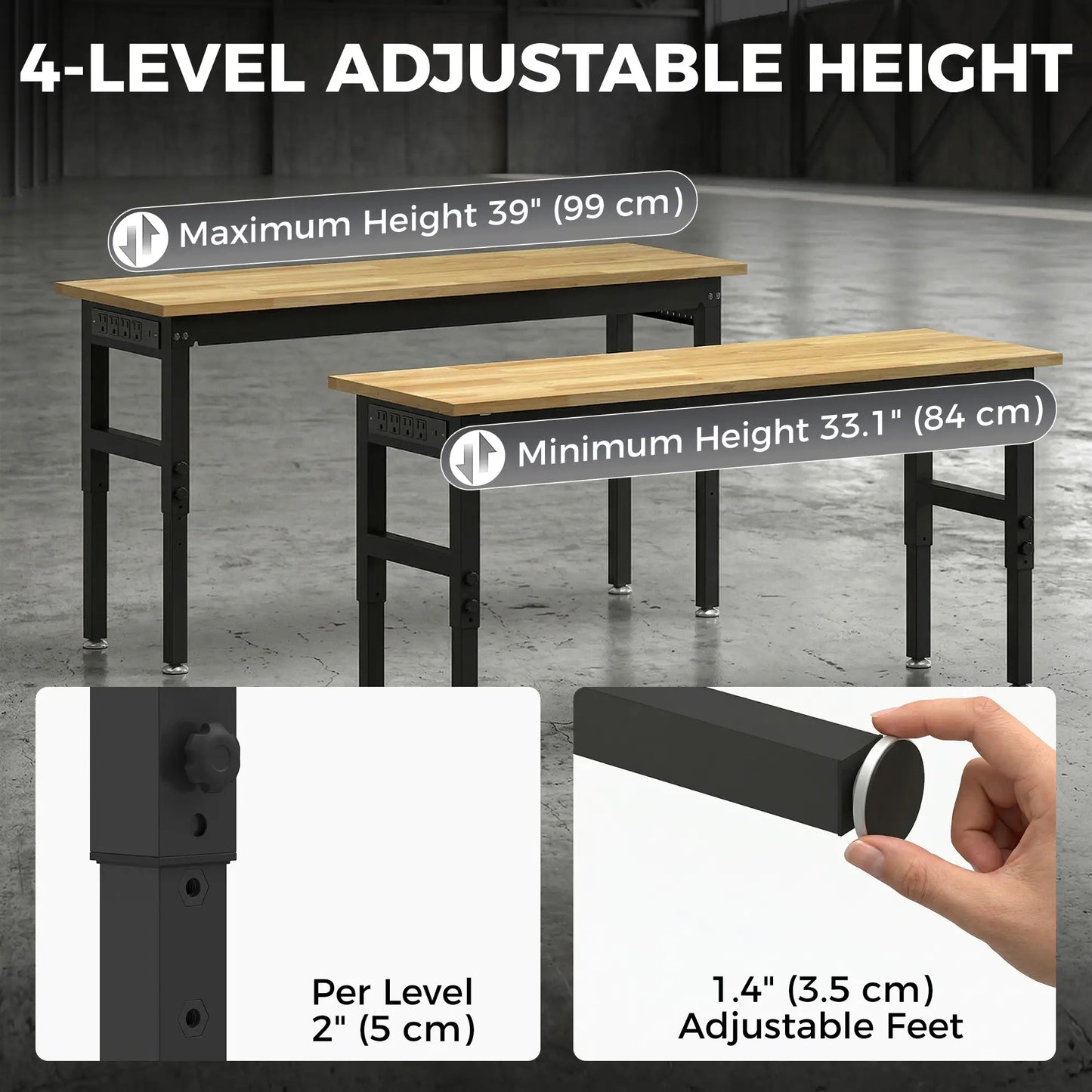 60" Adjustable Workbench, Heavy Duty Work Table with Rubber Wood Top, Power Outlets, Pegboard, 2000 LBS Capacity Tool Organizers at Gallery Canada