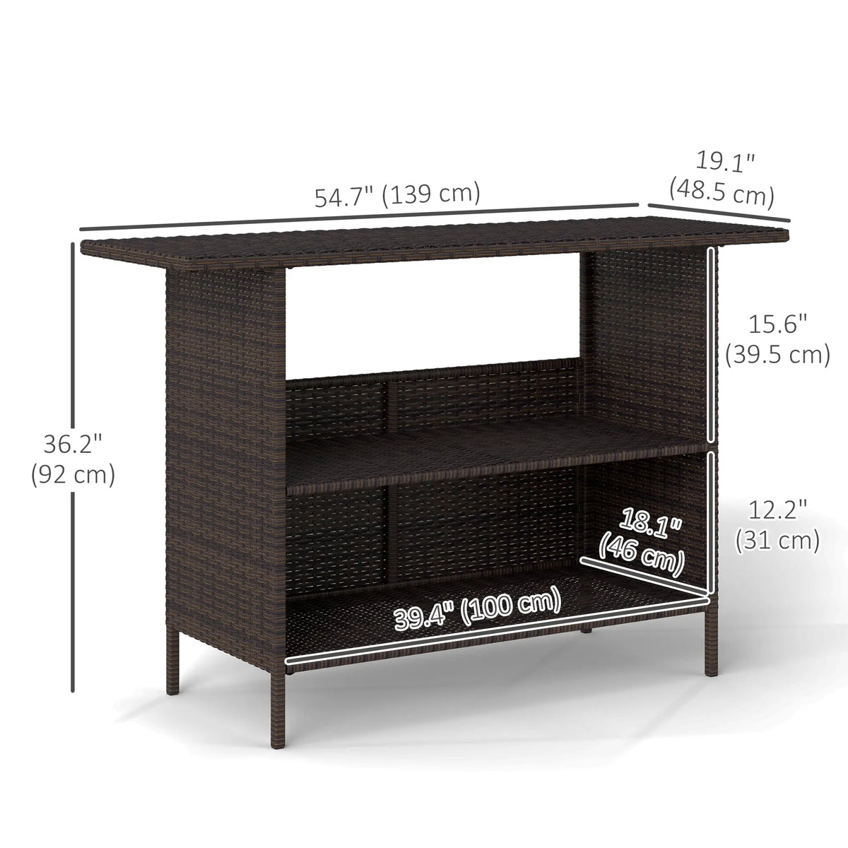 Wicker Outdoor Bar Table, PE Rattan, 2 Shelves, Steel Frame, Dark Brown Bistro Sets at Gallery Canada