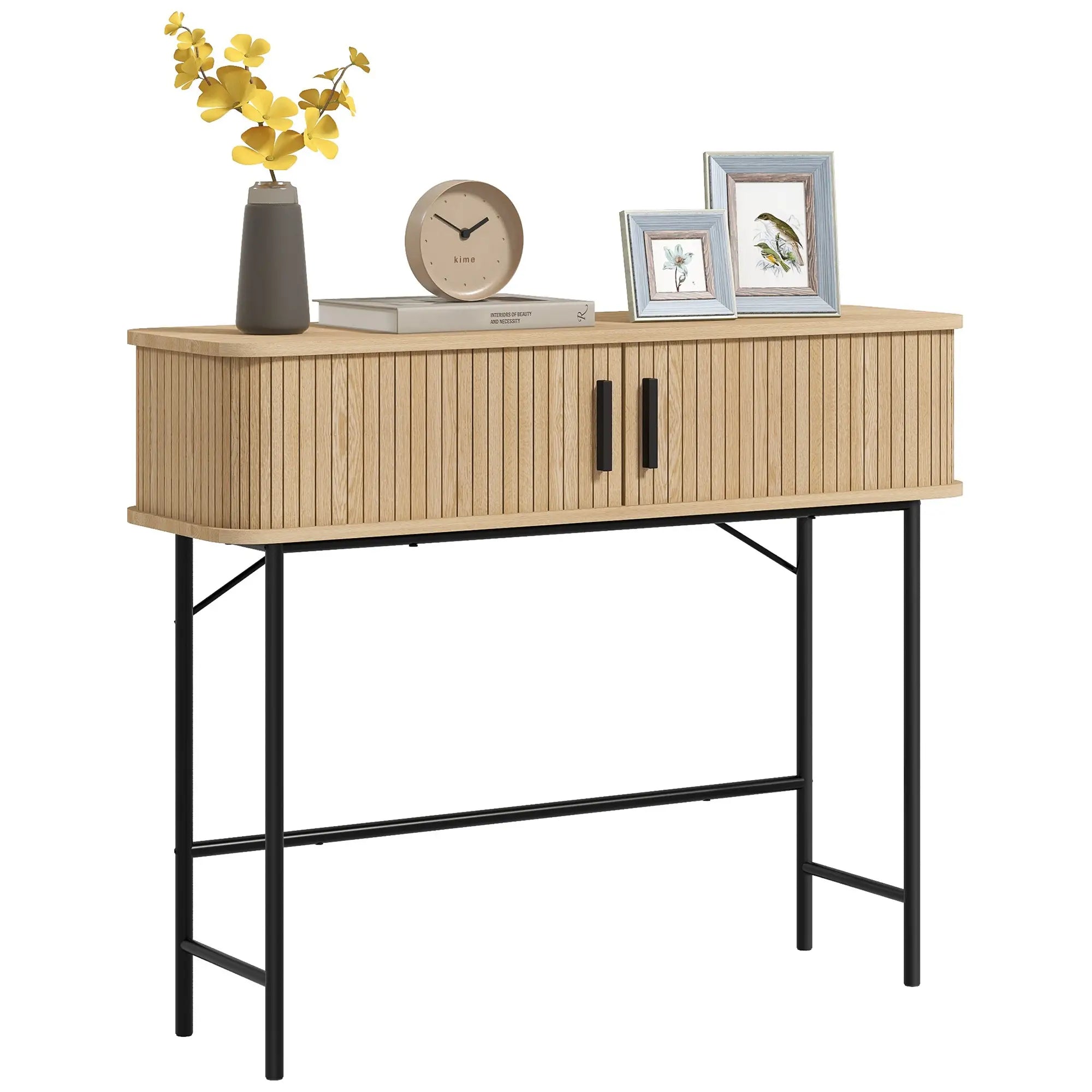 Mid-Century Narrow Console Table, Slatted Tambour Doors, Steel Legs, Oak, Black Console Tables at Gallery Canada