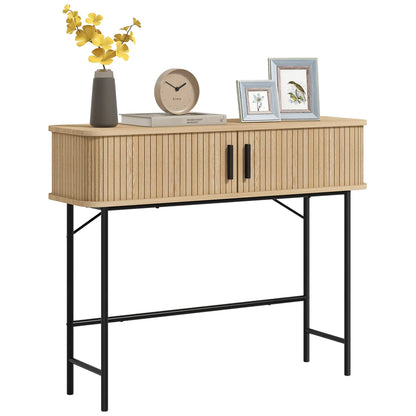Mid-Century Narrow Console Table, Slatted Tambour Doors, Steel Legs, Oak, Black Console Tables at Gallery Canada