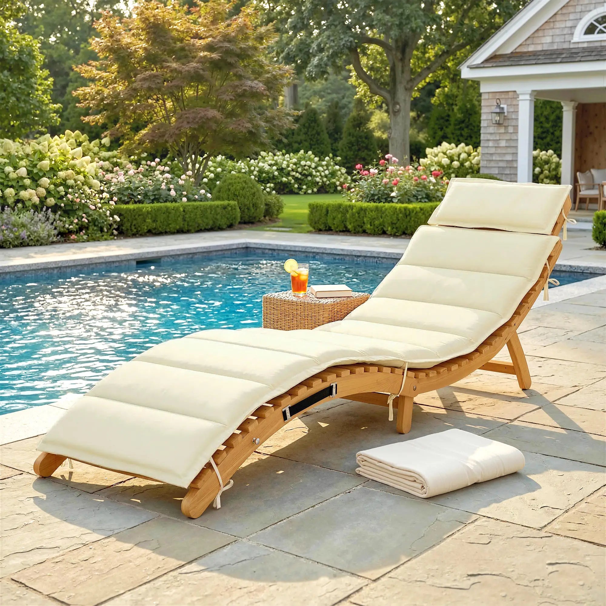 Folding Chaise Lounge Chair, Acacia Wood, Tanning, Cream White Lounger Chairs at Gallery Canada