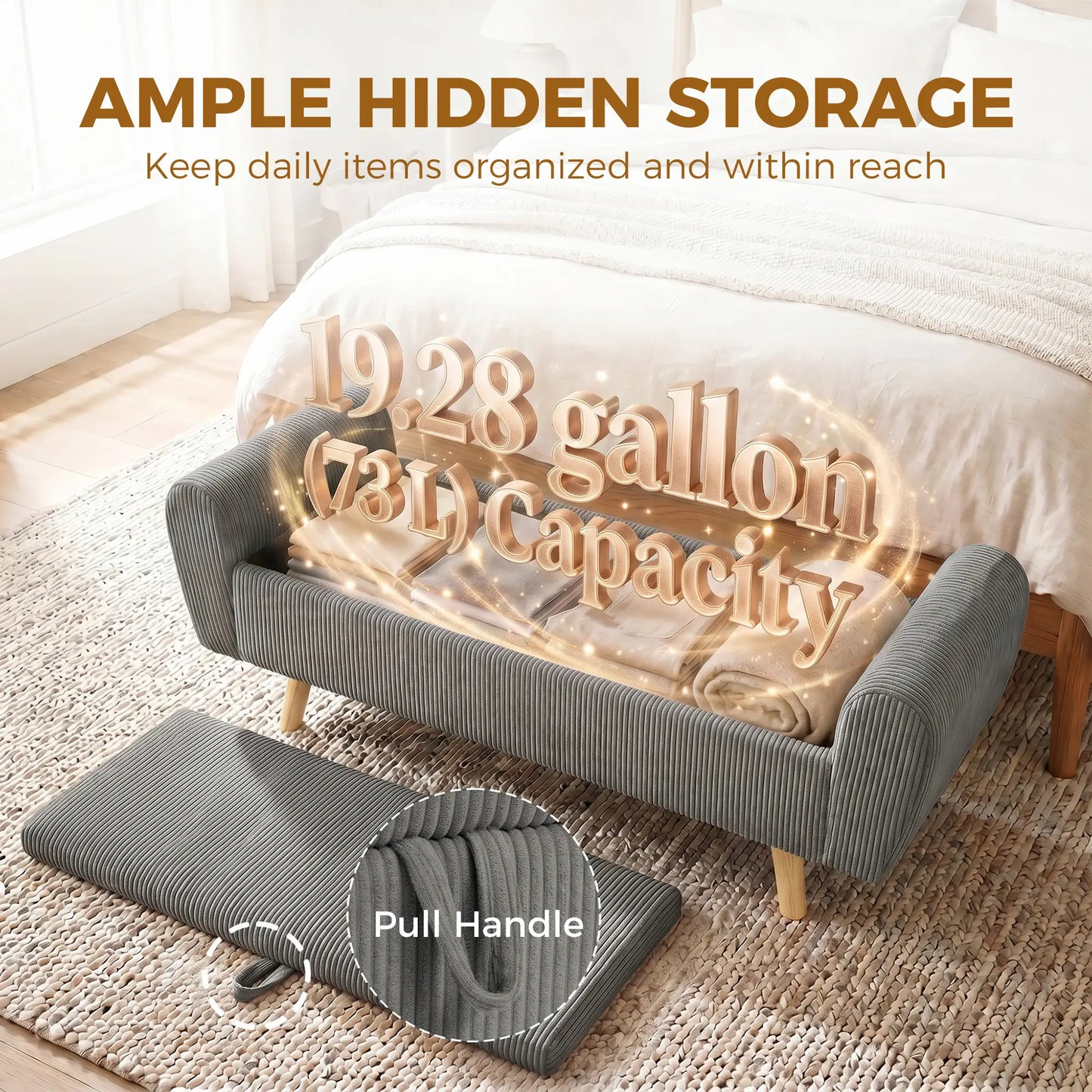 59" Corduroy Storage Ottoman Bench, Dark Grey