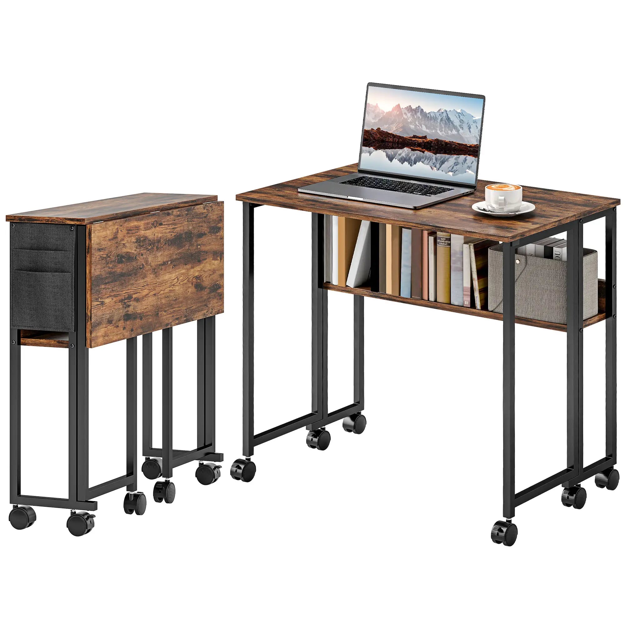 Folding Computer Desk with Storage Bag, Shelf and Wheels, Rustic Brown Writing Desks Multi Colour at Gallery Canada