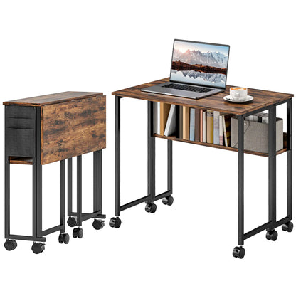 Folding Computer Desk with Storage Bag, Shelf and Wheels, Rustic Brown Writing Desks Multi Colour at Gallery Canada