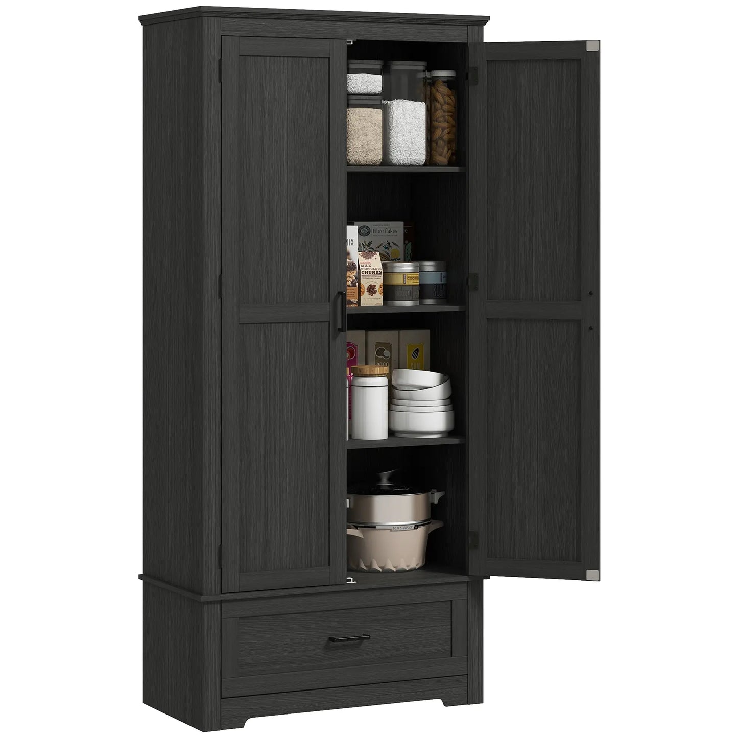 69" Tall Farmhouse Pantry Cabinet, 2 Doors, Drawer, Adjustable Shelves, Black Wood Grain, Black Kitchen Pantry Cabinets at Gallery Canada