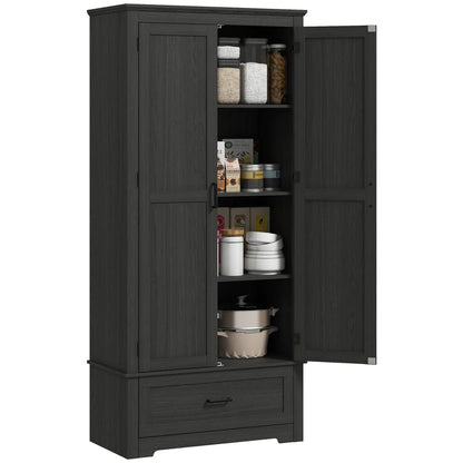 69" Tall Farmhouse Pantry Cabinet, 2 Doors, Drawer, Adjustable Shelves, Black Wood Grain, Black Kitchen Pantry Cabinets at Gallery Canada