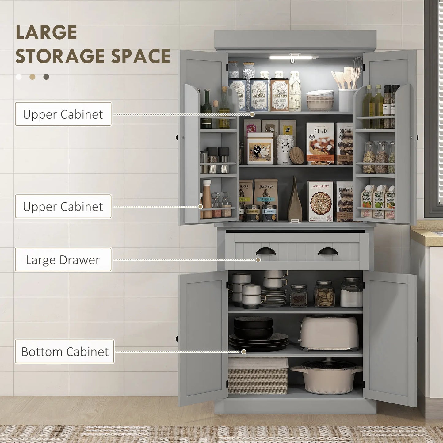 71" Kitchen Pantry Cabinet, LED Lights, 6 Spice Racks, Drawer, 4 Shelves, Grey Kitchen Pantry Cabinets at Gallery Canada