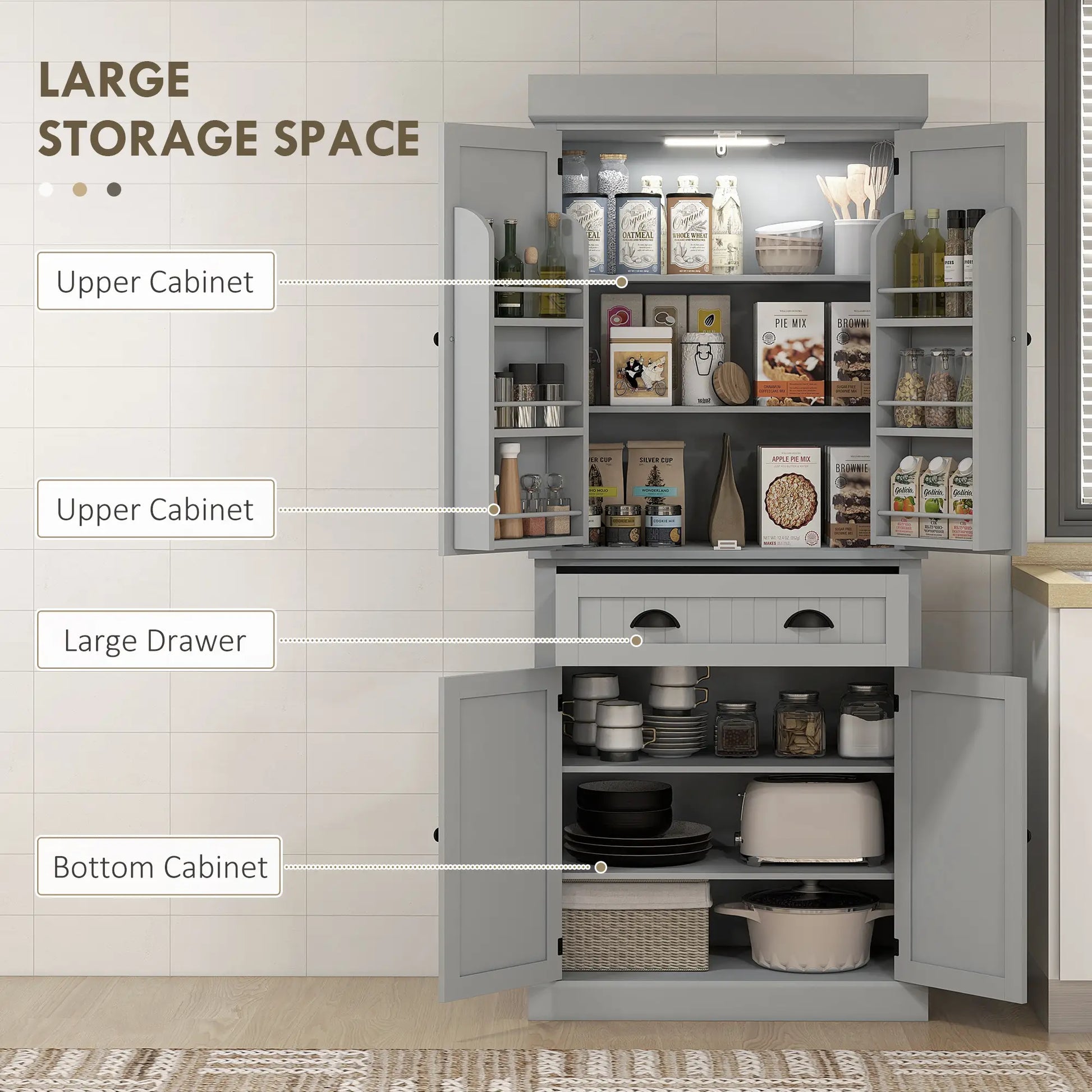 71" Kitchen Pantry Cabinet, LED Lights, 6 Spice Racks, Drawer, 4 Shelves, Grey Kitchen Pantry Cabinets at Gallery Canada