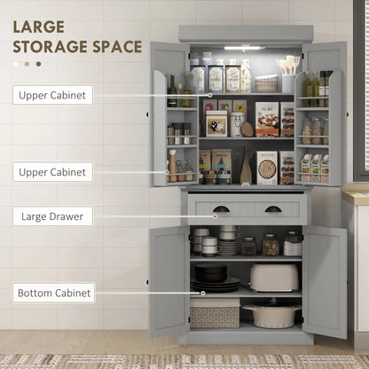71" Kitchen Pantry Cabinet, LED Lights, 6 Spice Racks, Drawer, 4 Shelves, Grey Kitchen Pantry Cabinets at Gallery Canada