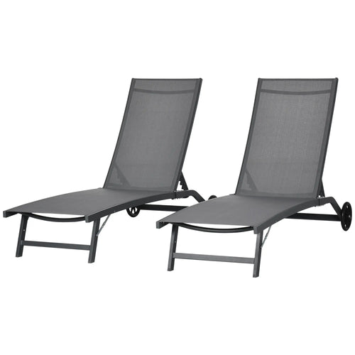 Outdoor Lounge Chair Set of 2, Breathable Mesh, Wheels, Dark Grey