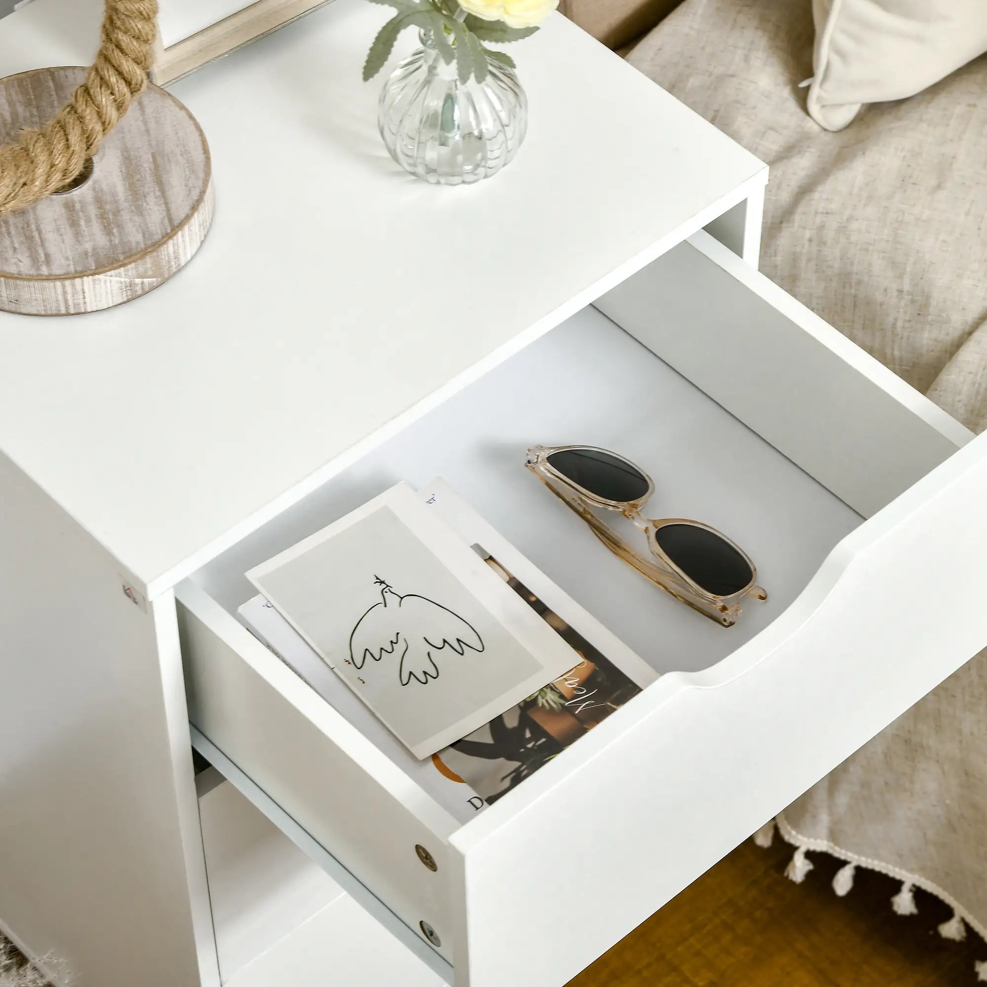 Modern Nightstand, 3 Drawers, Wood Legs, White Bedside Tables at Gallery Canada