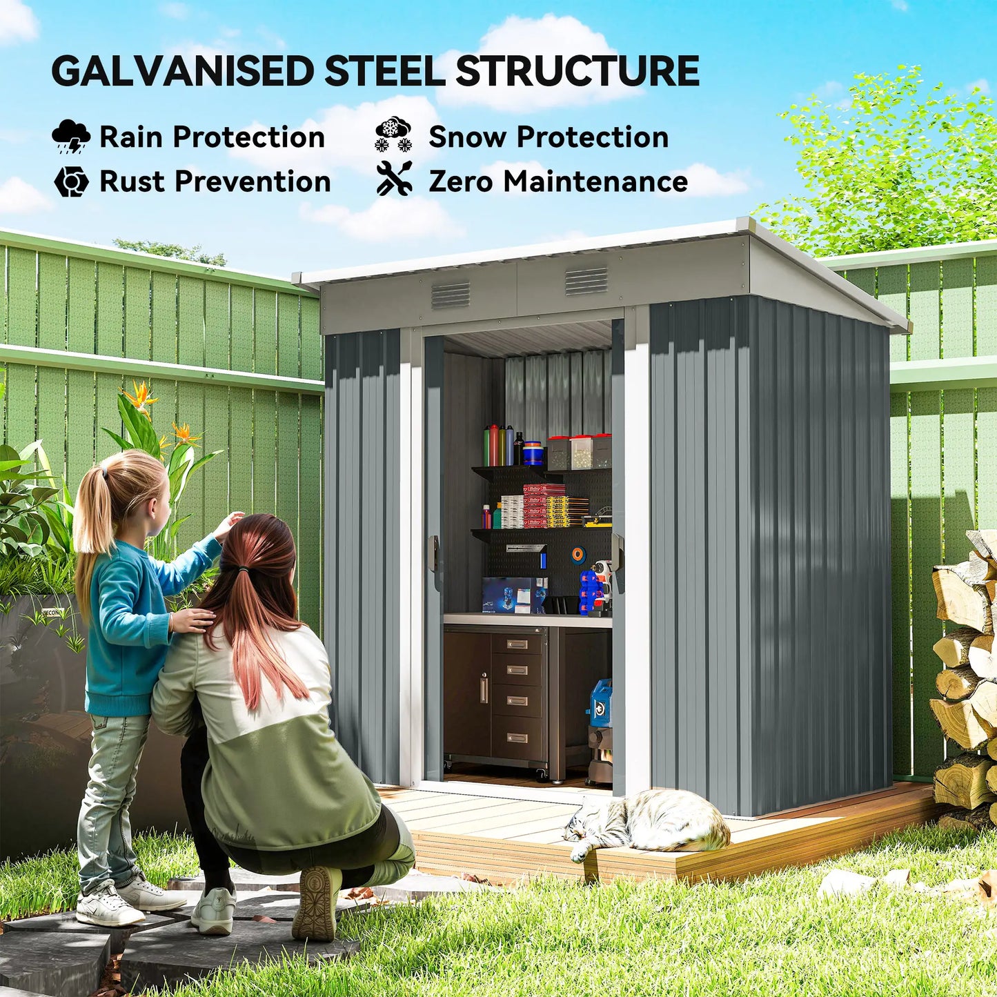 6' x 4' Metal Garden Shed, Lockable Sliding Doors, Vents, Grey