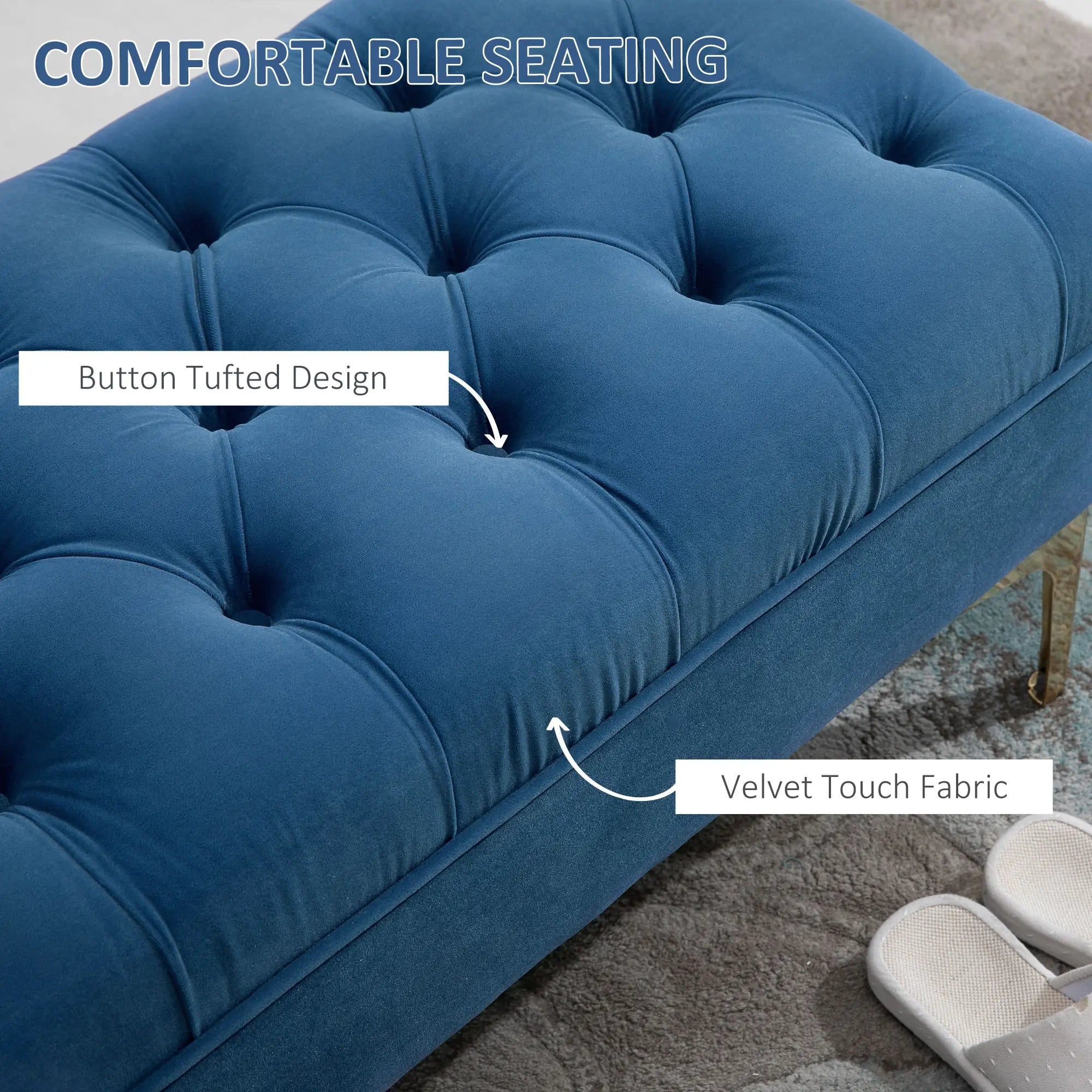Upholstered End of Bed Bench, Button Tufted, 36 Inches, Blue Storage Ottomans & Benches at Gallery Canada