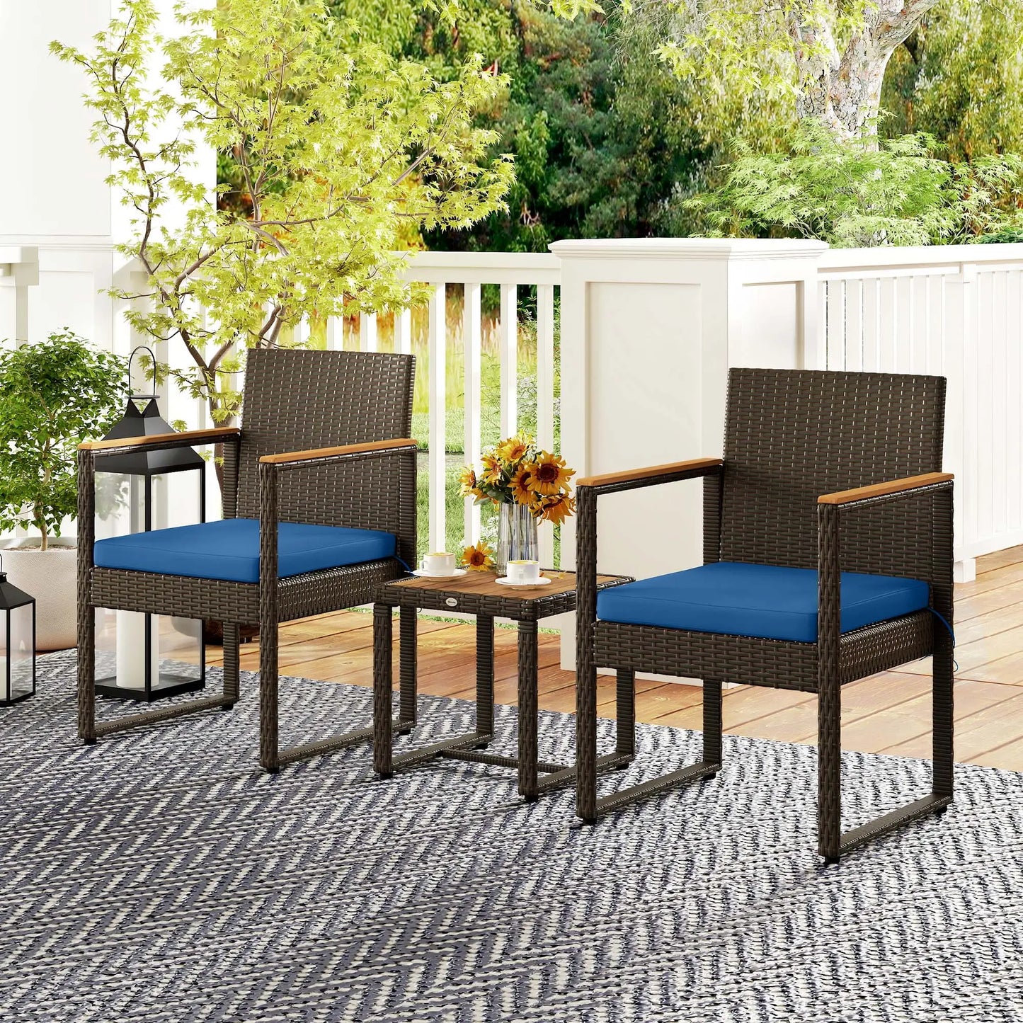 3-Piece Wicker Patio Set, Rattan Bistro, Acacia Table, Dark Blue Bistro Sets at Gallery Canada