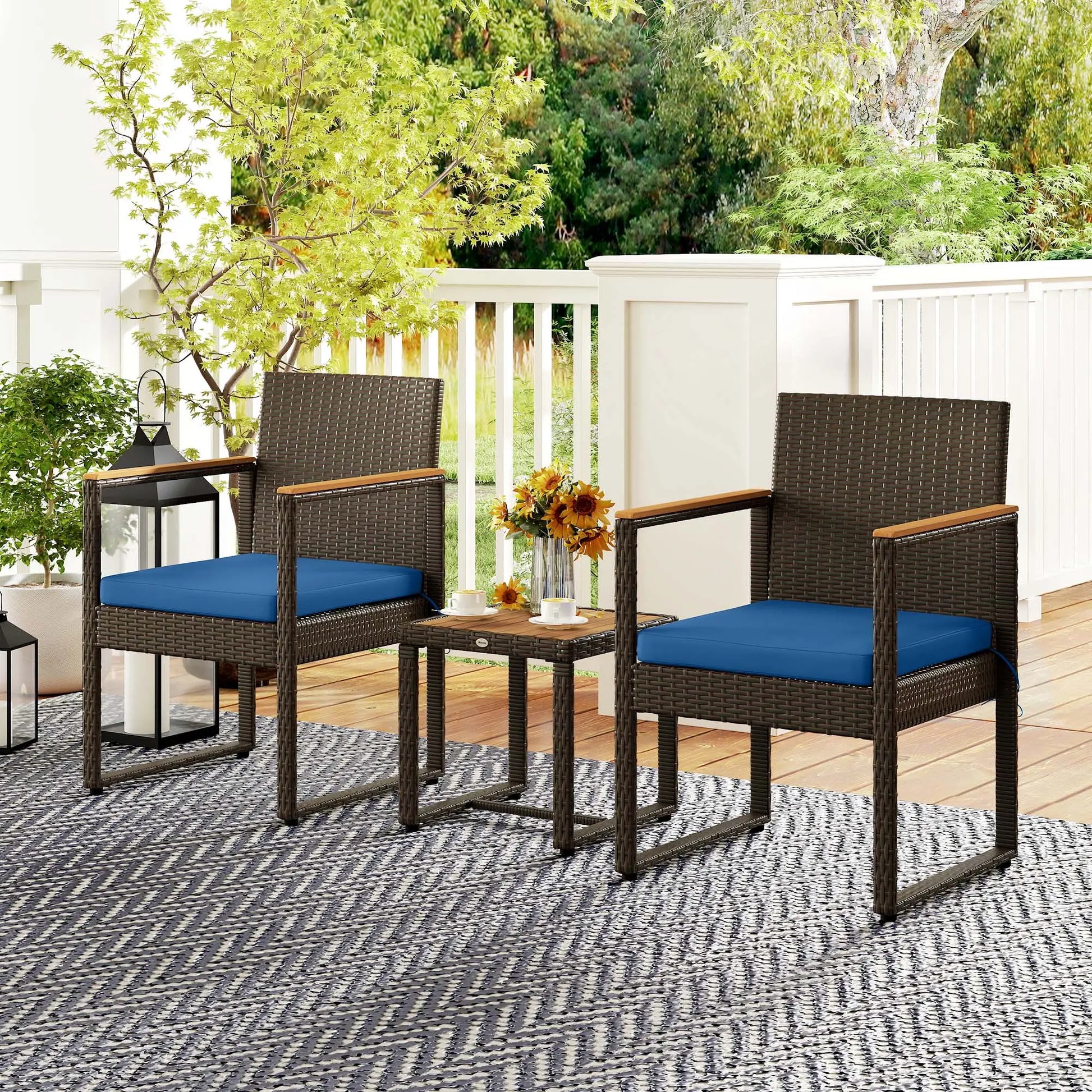 3-Piece Wicker Patio Set, Rattan Bistro, Acacia Table, Dark Blue Bistro Sets at Gallery Canada